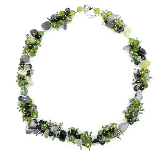 Colier handmade cu ametist, prehnit, sticla si elemente metalice