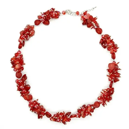 Colier handmade cu coral rosu, sticla si elemente metalice