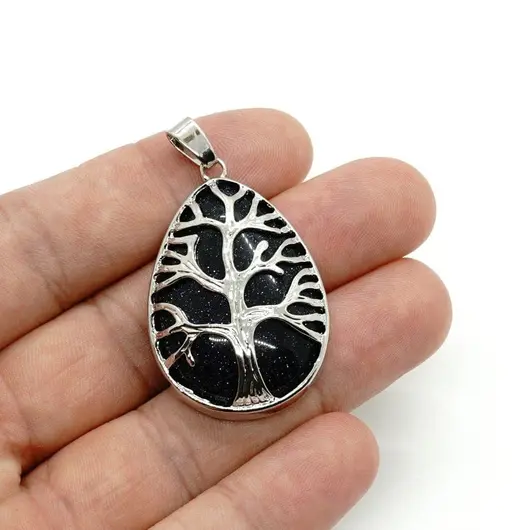 Pandantiv goldstone albastru picatura cu montura pomul vietii 35mm