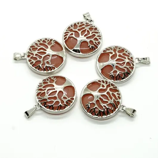 Pandantiv cuart orange rotund cu montura pomul vietii 27mm