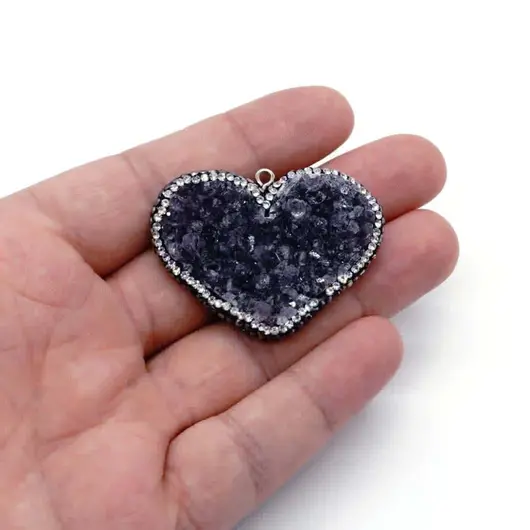 Pandantiv inima ametist druzy si marcasite - 40mm