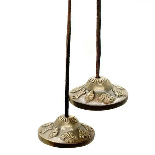 Talgere Feng Shui din bronz cu 8 simboluri norocoase, Tingsha - 6cm