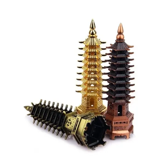 Set 3 Statuete Feng Shui Pagoda cu 9 niveluri din metal - 13cm