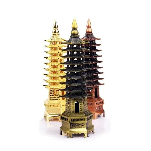 Set 3 Statuete Feng Shui Pagoda cu 9 niveluri din metal - 13cm