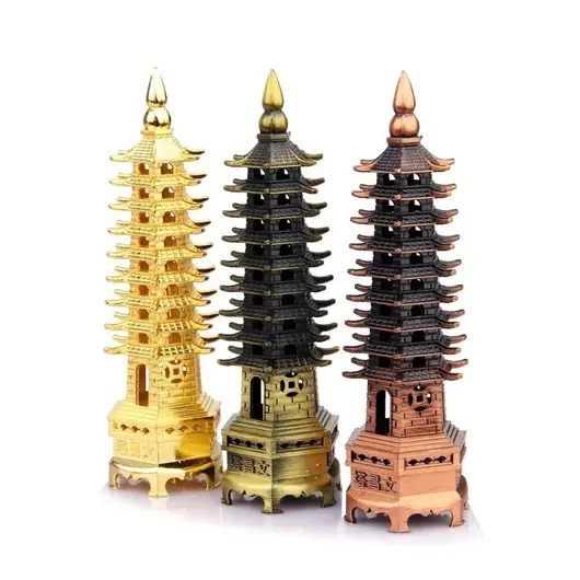 Set 3 Statuete Feng Shui Pagoda cu 9 niveluri din metal - 13cm