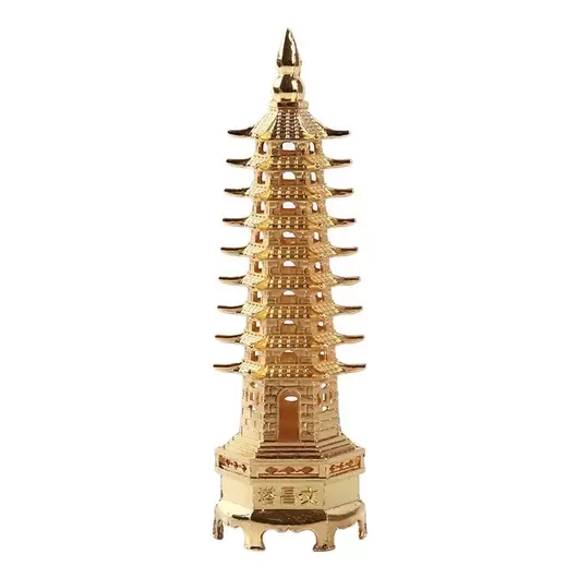 Statueta Feng Shui Pagoda cu 9 niveluri din metal, aurie - 13cm