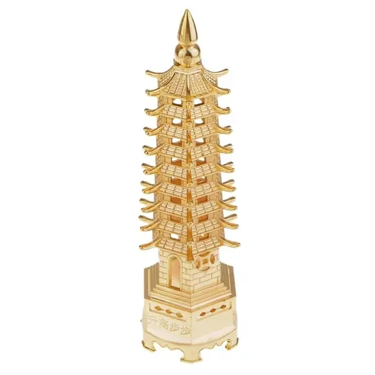 Statueta Feng Shui Pagoda cu 9 niveluri din metal, aurie - 13cm