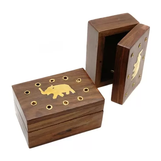 Cutie mica din lemn tare cu elefant din alama - 7,5cm