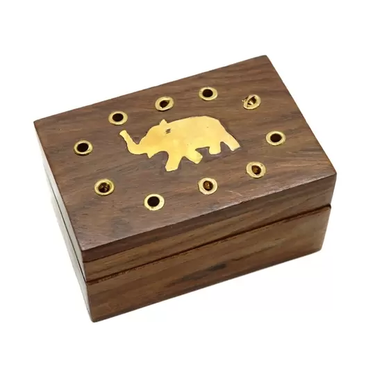 Cutie mica din lemn tare cu elefant din alama - 7,5cm