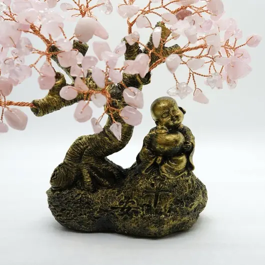 Copac Feng Shui Buddha cu pietre semipretioase de Cuart roz 20cm