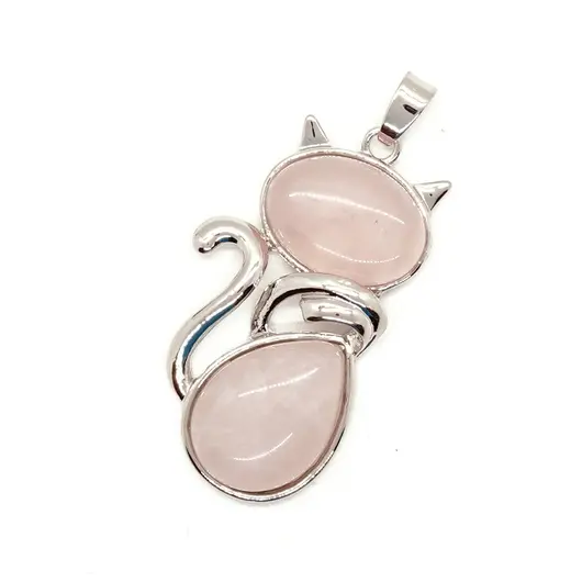 Pandantiv cuart roz cu montura pisica 40mm