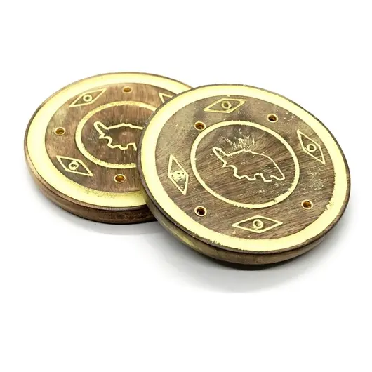 Suport lemn ardere betisoare parfumate rotund cu elefant, galben - 8cm