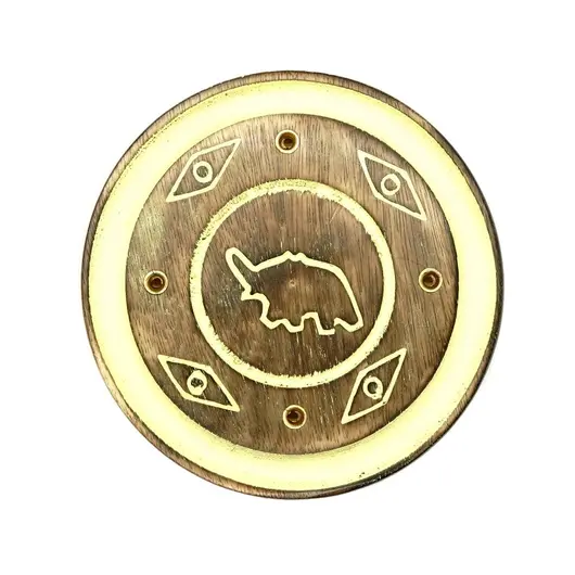 Suport lemn ardere betisoare parfumate rotund cu elefant, galben - 8cm