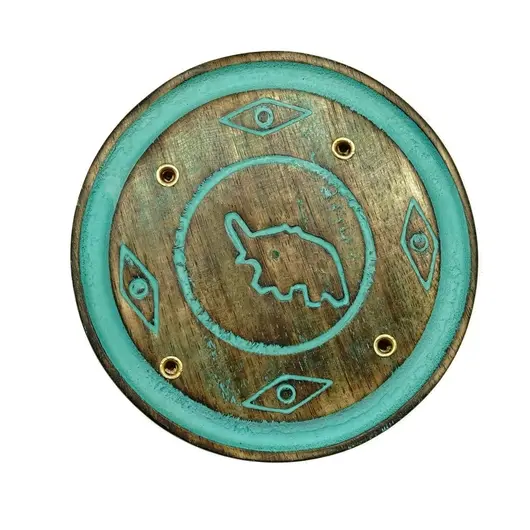 Suport lemn ardere betisoare parfumate rotund cu elefant, turcoaz - 8cm