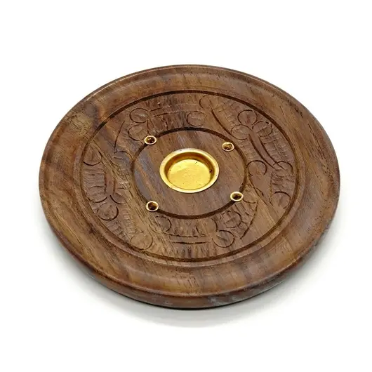 Suport lemn ardere betisoare si conuri parfumate, rotund gravat - 10cm