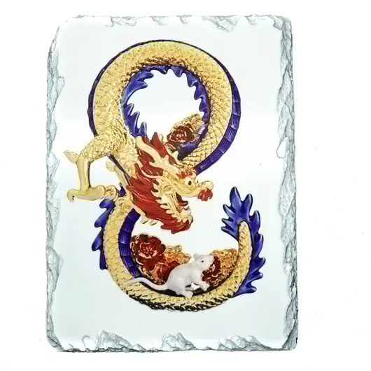 Placa Feng Shui din piatra Cifra 8 a prosperitatii cu Dragon si Sobolan - 19cm