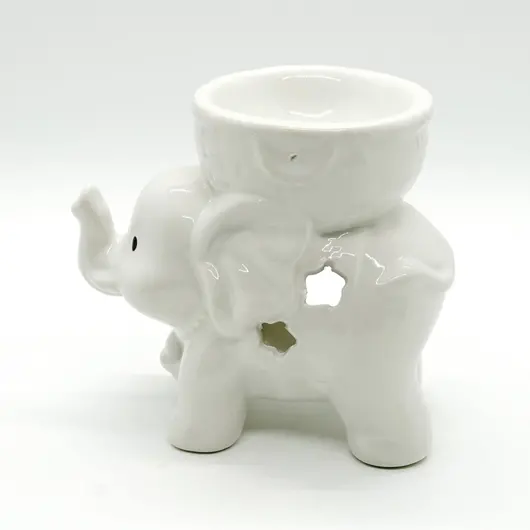 Vas aromaterapie din ceramica, elefant mic cu trompa ridicata - alb