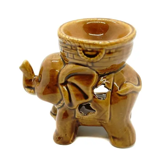 Vas aromaterapie din ceramica, elefant mic cu trompa ridicata - maro