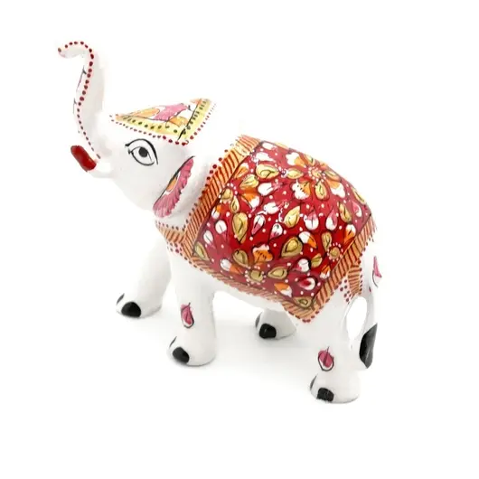 Statueta Elefant cu tompa in sus, metal emailat, alb cu rosu - 10cm
