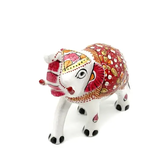 Statueta Elefant cu tompa in sus, metal emailat, alb cu rosu - 10cm