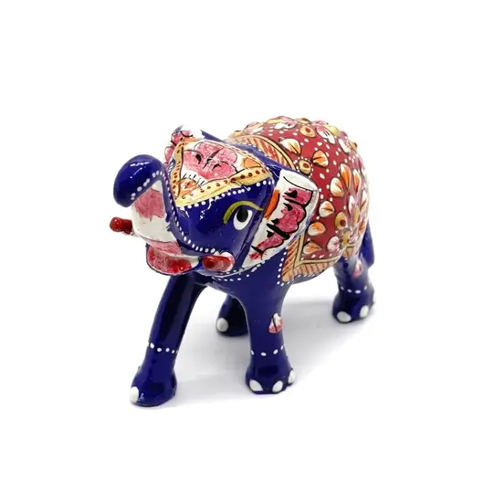 Statueta Elefant cu tompa in sus, metal emailat, albastru cu rosu - 10cm