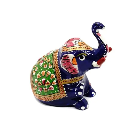 Statueta Elefant stand jos, metal emailat, albastru cu verde - 8cm