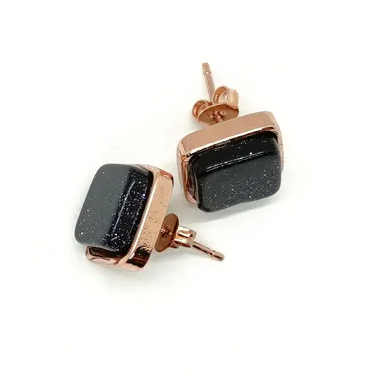 Cercei cu surub din goldstone albastru, montura aramie, patrati
