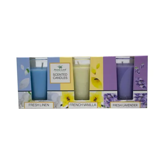 Set 3 lumanari parfumate Lenjerie proaspata + Vanilie + Lavanda, Aromaland, 420g