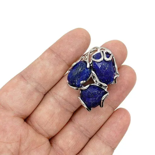 Inel reglabil cu 3 pietre fatetate de Lapis lazuli, montura argintie, imagine 3