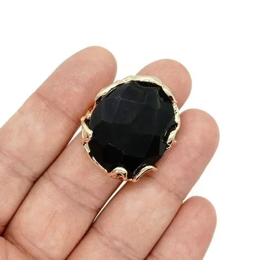Inel reglabil cu piatra fatetata de Obsidian, montura aurie, imagine 3