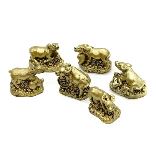 Set 6 Statuete Feng Shui Bivoli aurii cu Monede, Pepita, Ru Yi si Wu Lou - 3 cm, imagine 3