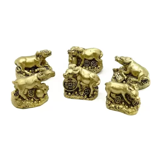 Set 6 Statuete Feng Shui Bivoli aurii cu Monede, Pepita, Ru Yi si Wu Lou - 3 cm