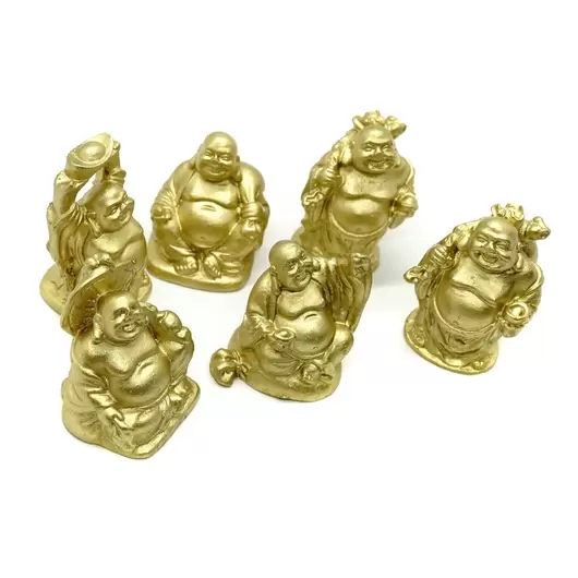 Set 6 Statuete Feng Shui Buddha aurii pentru prosperitate cu Pepita si Sac de Bani - 4,5cm, imagine 2