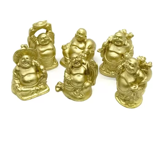 Set 6 Statuete Feng Shui Buddha aurii pentru prosperitate cu Pepita si Sac de Bani - 4,5cm, imagine 4