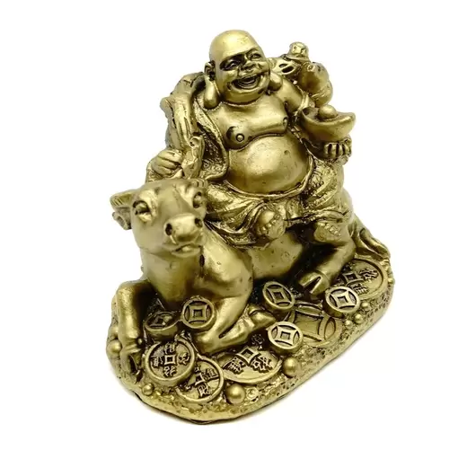 Statueta Feng Shui Bivol auriu cu Buddha vesel - 7,8 cm, imagine 2