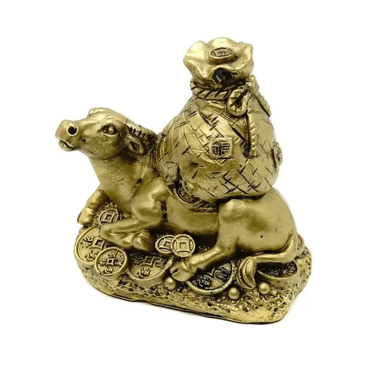 Statueta Feng Shui Bivol auriu cu monede si sacul abundentei - 8,5 cm, imagine 2