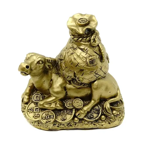 Statueta Feng Shui Bivol auriu cu monede si sacul abundentei - 8,5 cm