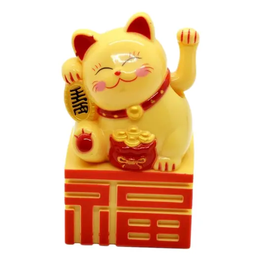 Pisica norocoasa Maneki Neko galbena cu ideograma 10cm