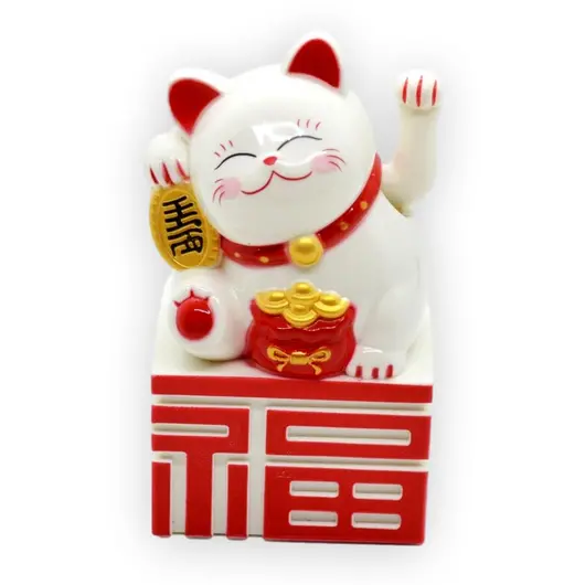 Pisica norocoasa Maneki Neko alba cu ideograma 10cm