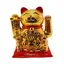 Pisica norocoasa Maneki Neko aurie cu pui si evantai pe perna - 16cm