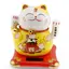 Pisica norocoasa Maneki Neko alba cu sac de pepite - solara, 11cm