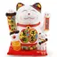 Pisica norocoasa Maneki Neko alba din ceramica pe perna cu un pui si pepita - 18cm