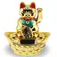 Pisica norocoasa Maneki Neko aurie, pe pepita cu monede solara - 13cm