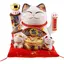 Pisica norocoasa Maneki Neko din ceramica pe perna cu doi pui si bolul prosperitatii - 19cm