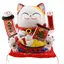Pisica norocoasa Maneki Neko din ceramica pe perna cu patru pui si barca cu pepite - 21cm